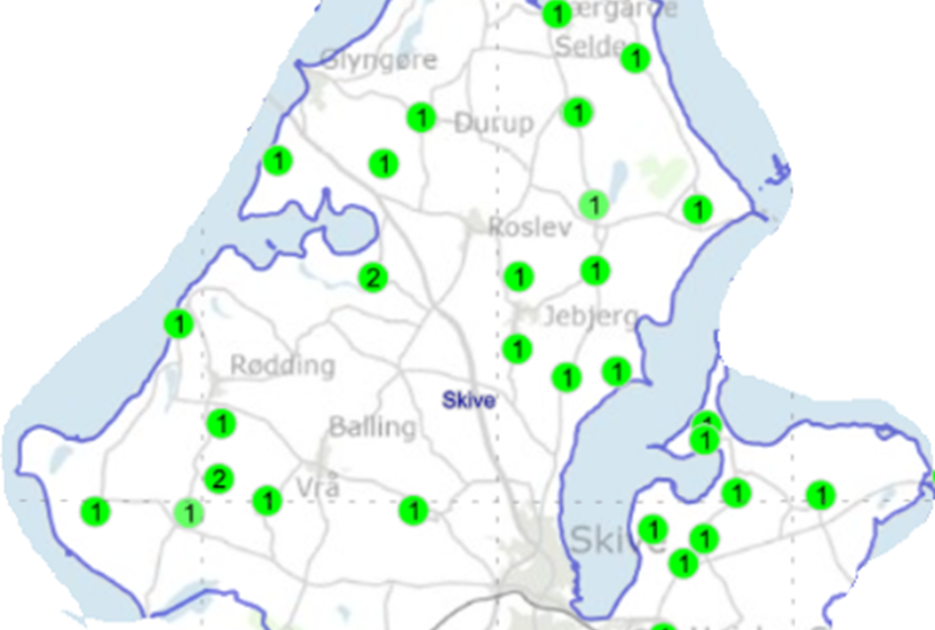 Kort over Skive Kommunes vandværker, der markerer, at der ikke er fundet PFAS nogen steder. 