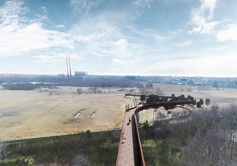 Visualisering af broen, der vil hæve sig over moseområdet og give adgang mellem byområder og til naturen. Arkitektfirmaet Labland står bag visualiseringen. 