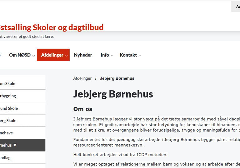 Forside på Jebjerg Børnehus' hjemmeside - NØSD