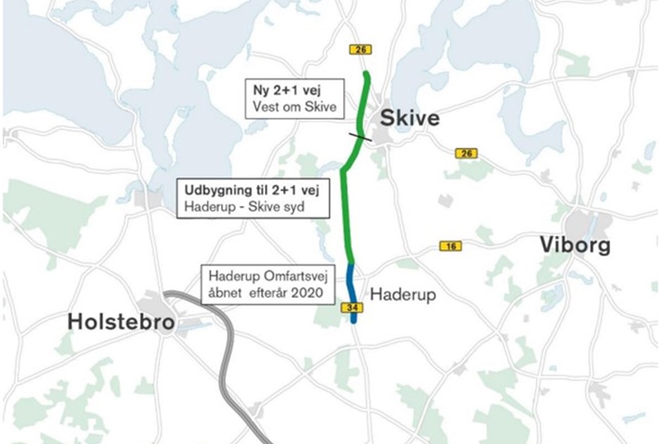 Grafikken viser strækningen på Rute 34 og 26, som skal udbygges og kobles sammen med den allerede eksisterende omfartsvej ved Haderup. 
