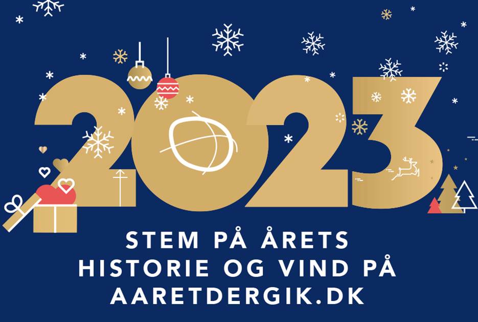 Grafik med teksten: 2023 - stem på årets historie og vind på aaretdergik.dk