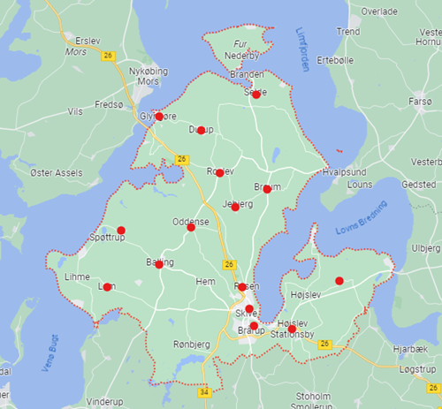 Kort over hvor plejecentrene er placeret i Skive Kommune