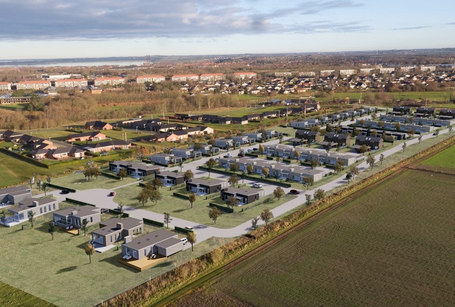 Billedet viser en visualisering af et nyt boligområde ved Bilstrup fra åen. 