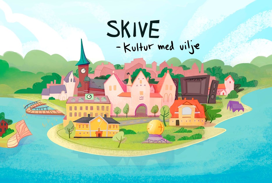 Billede med illustration af Skiveegnen og de store kulturelle institutioner herunder Skive Festival, Spøttrup Borg, kirkerne, Fur og Jenle