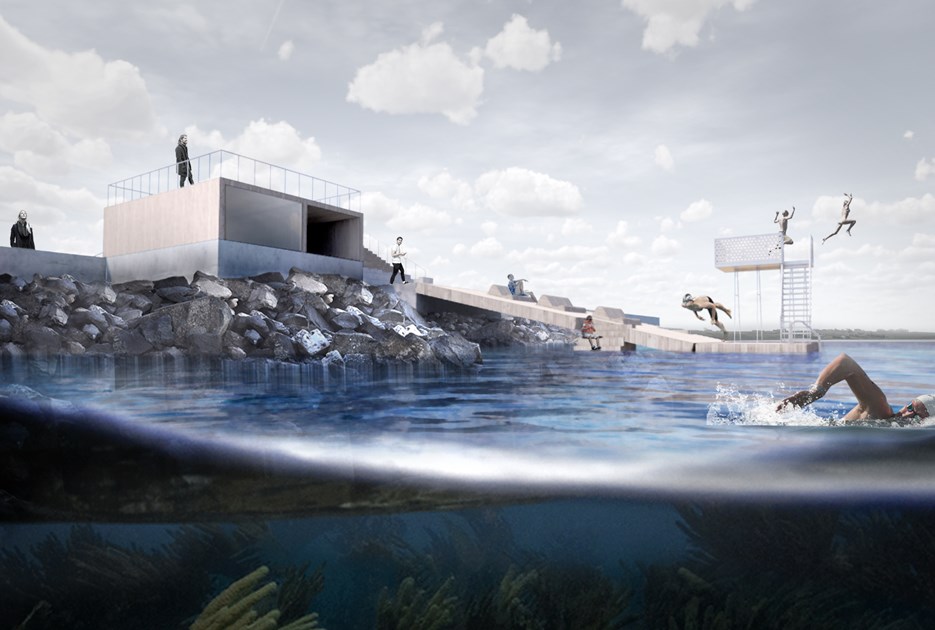 Visualisering fra JAJA Architects, der viser, hvordan det kommende outdoorcenter på Glyngøre Havn kommer til at se ud. 