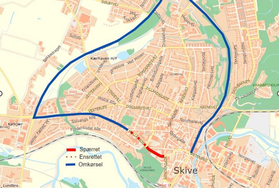 Kort over omkørsel ved 1. etape af vejspærring på Holstebrovej på grund af nedlægning af fjernvarmeledninger.